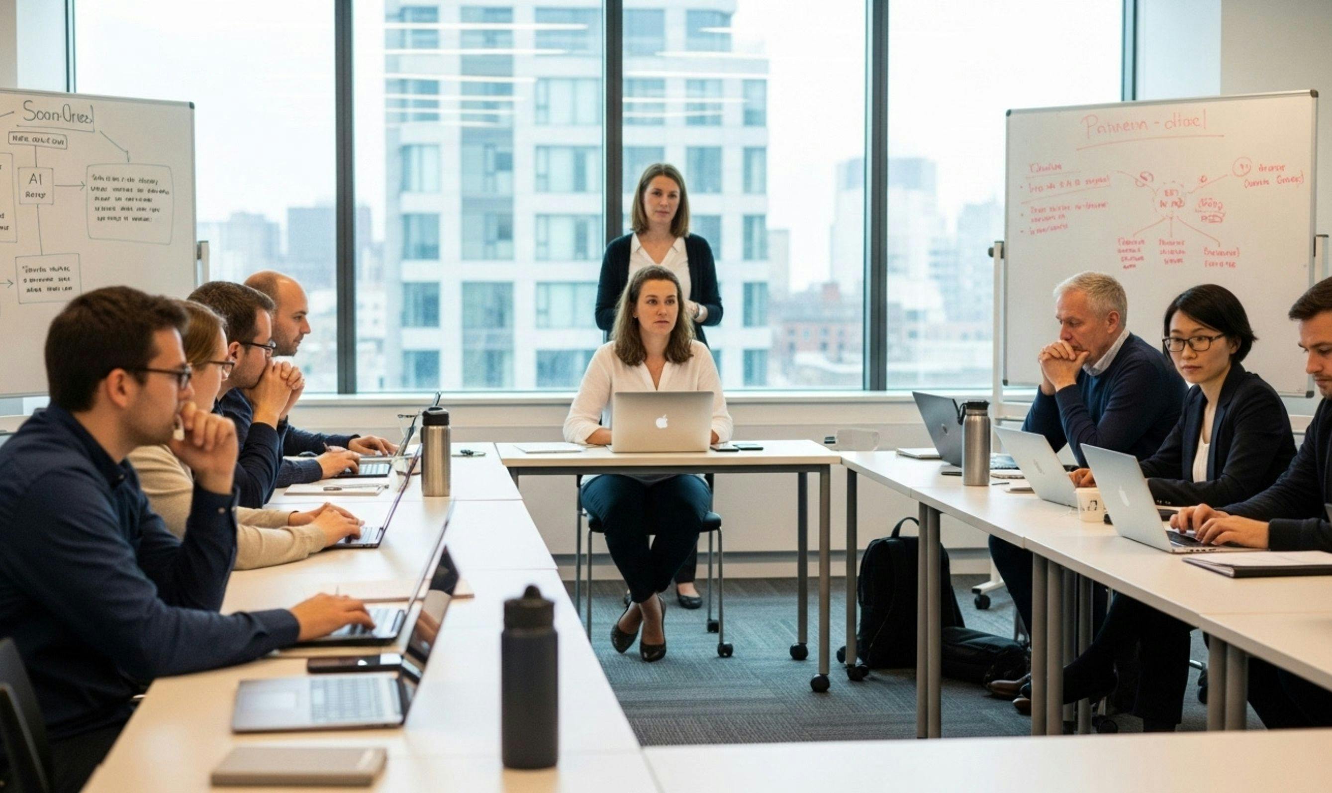 Professional team collaborating in a modern office setting during an AI strategy session