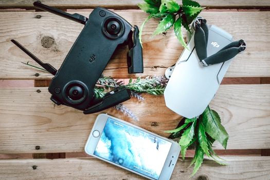 A drone controller and smartphone placed on a wooden surface adorned with green leaves.