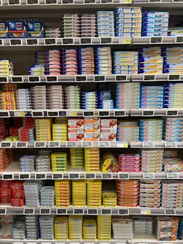Vibrant arrangement of colorful canned fish products neatly stacked on shelves in a French supermarket.