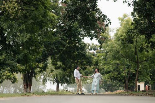 Free A couple walks hand in hand along a tree-lined path in a lush green park. Stock Photo