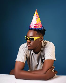 Trendy young man wearing a colorful party hat and sunglasses against a blue background.