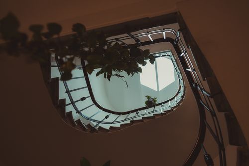 Free Artistic view of a spiral staircase with plants and modern architecture, shot indoors. Stock Photo
