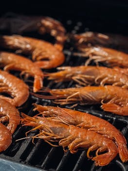 Close-up of grilled shrimps sizzling on a barbecue in Ibiza, Spain.