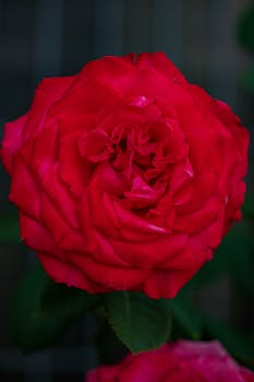 Detailed close-up of a vibrant red rose in full bloom with lush, deep green leaves.