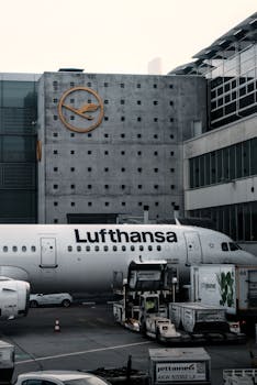 Lufthansa aircraft at the gate in Frankfurt Airport's international terminal.