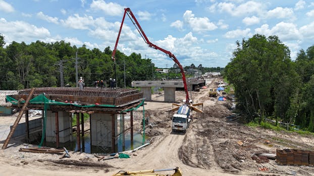 Aerial shot of bridge construction in Vietnamese landscape with cranes and construction workers.