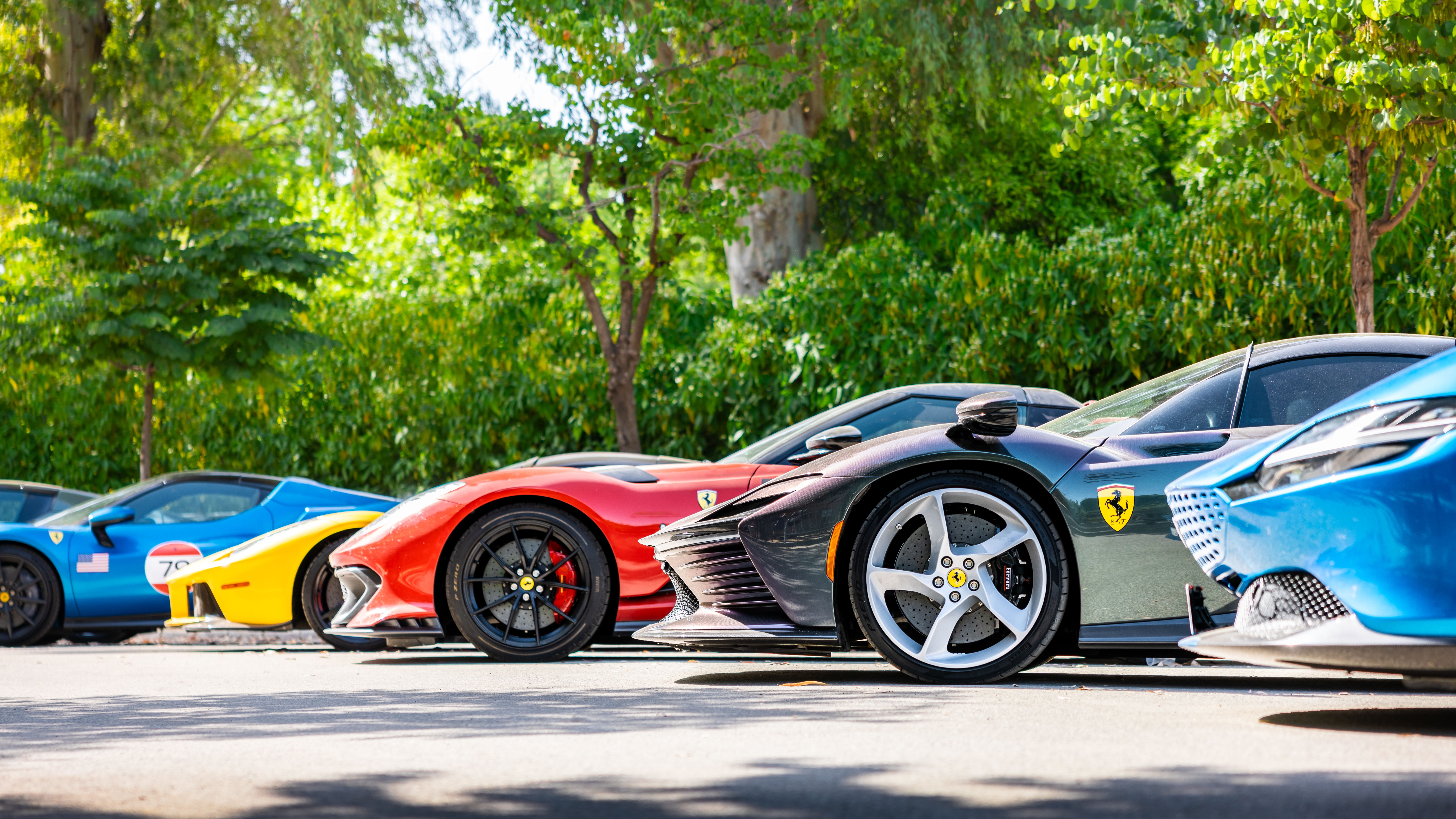 Luxury Sports Cars Parked Under Green Trees · Free Stock Photo