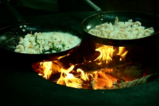 Savory langoustine cooking over open flame in Normandy, France. Perfect for seafood and culinary enthusiasts.