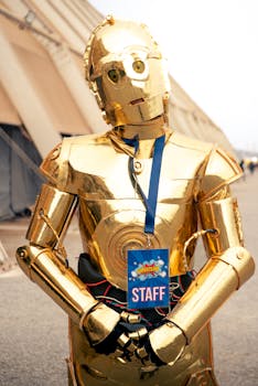 A golden robot dressed as staff attends an outdoor event with a futuristic backdrop.