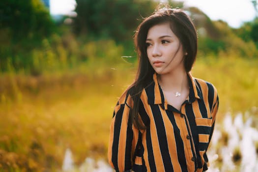 Portrait of a fashionable woman in a striped shirt with a natural outdoor background.