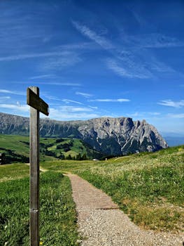 Beautiful mountain path with signpost in lush alpine setting under clear blue sky.