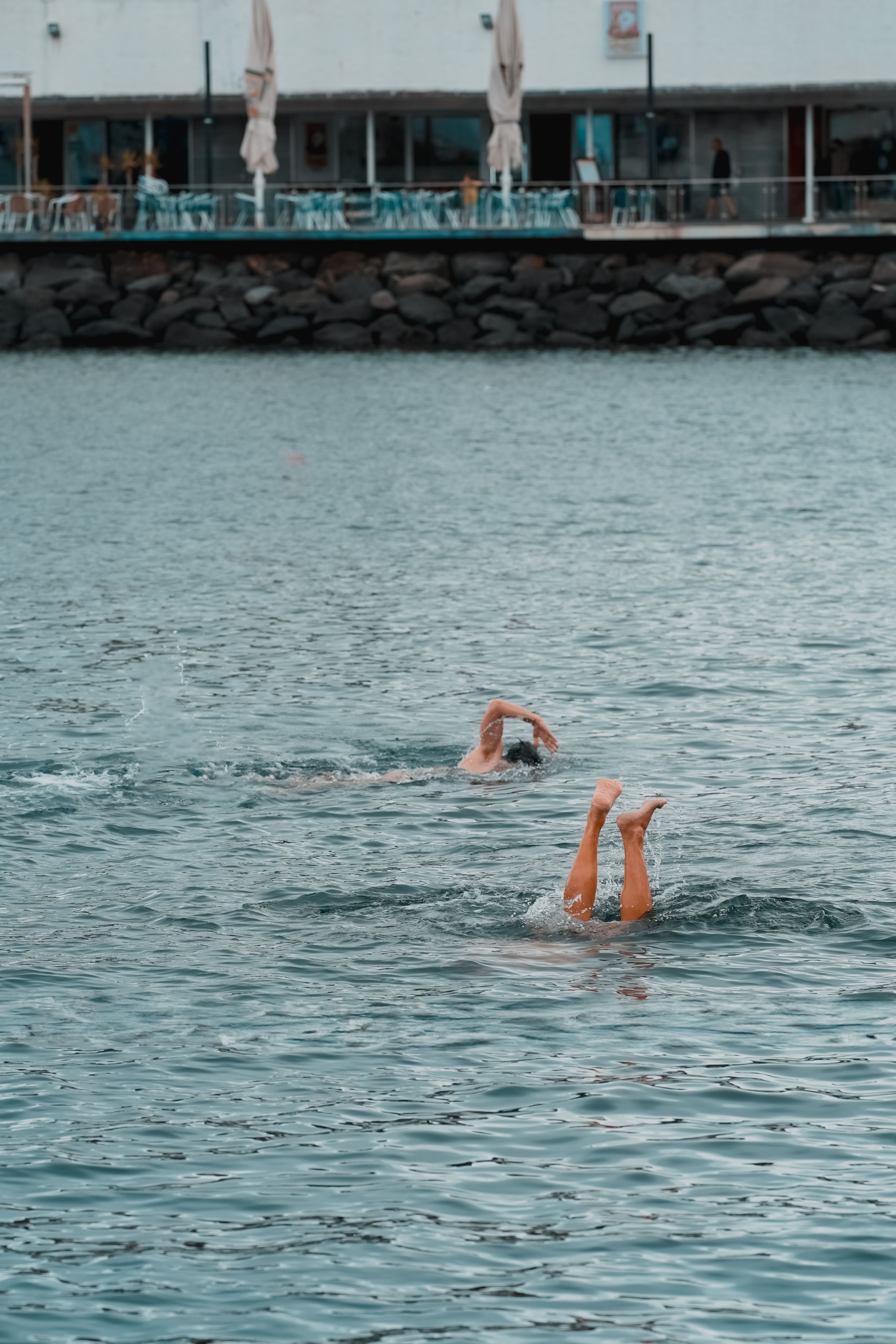 Twee zwemmers genieten van een dagje in de jachthaven met een resort op de achtergrond, waar ze vrijetijds- en sportactiviteiten demonstreren.