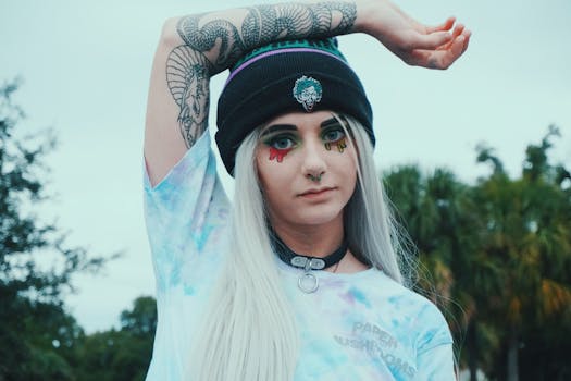 奥兰多的一名年轻女子在户外大胆地化妆和纹身，并且没有戴帽子