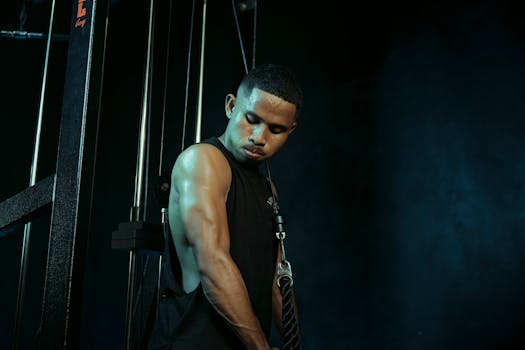 A man intensely exercising on a cable machine in a dark gym setting, highlighting fitness commitment.