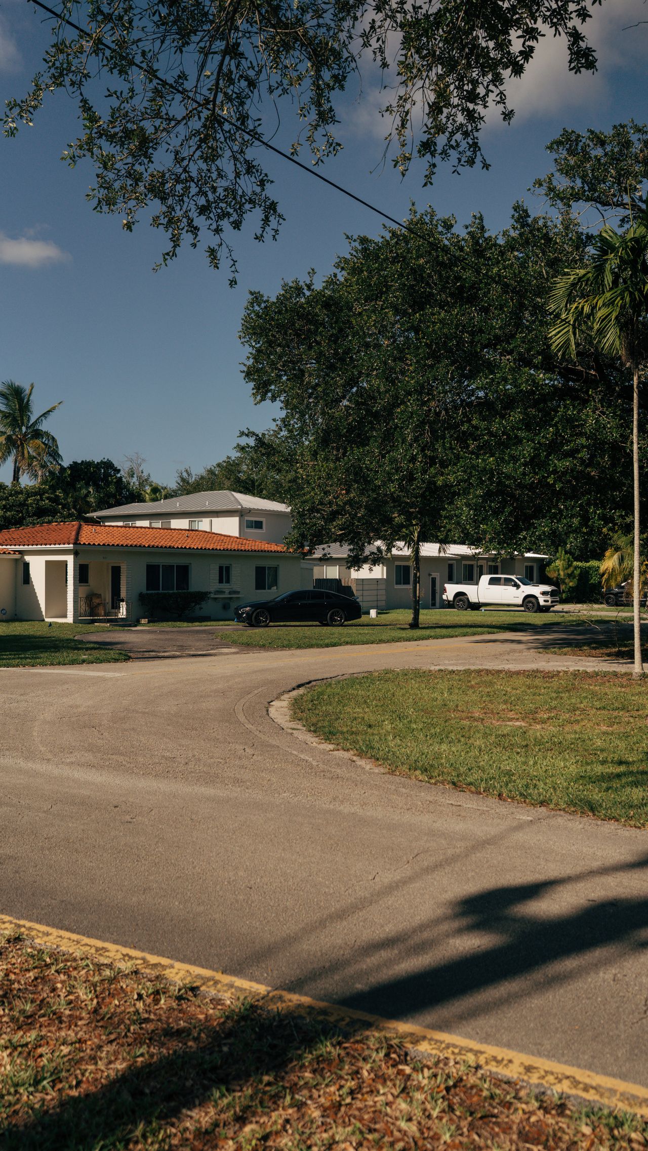 Suburban street with bungalows and concrete driveways under a blue sky
