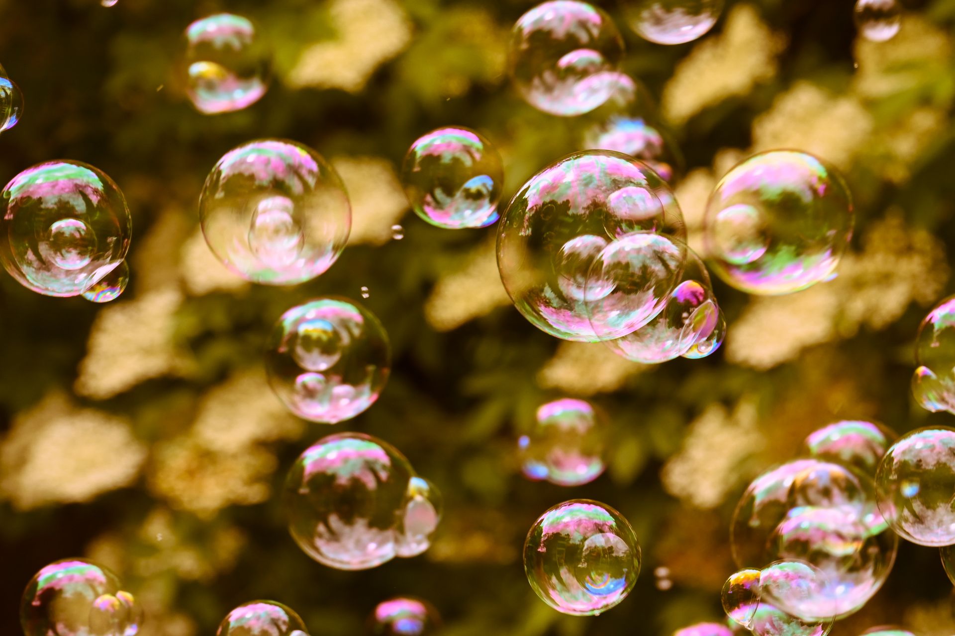 Iridescent soap bubbles floating outdoors with vibrant reflections and nature backdrop.