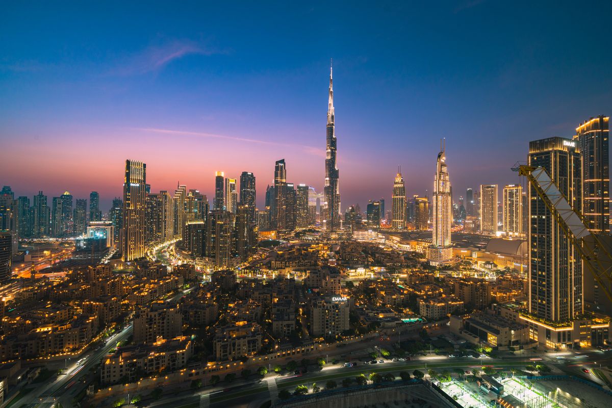 Dubai skyline at twilight with Burj Khalifa