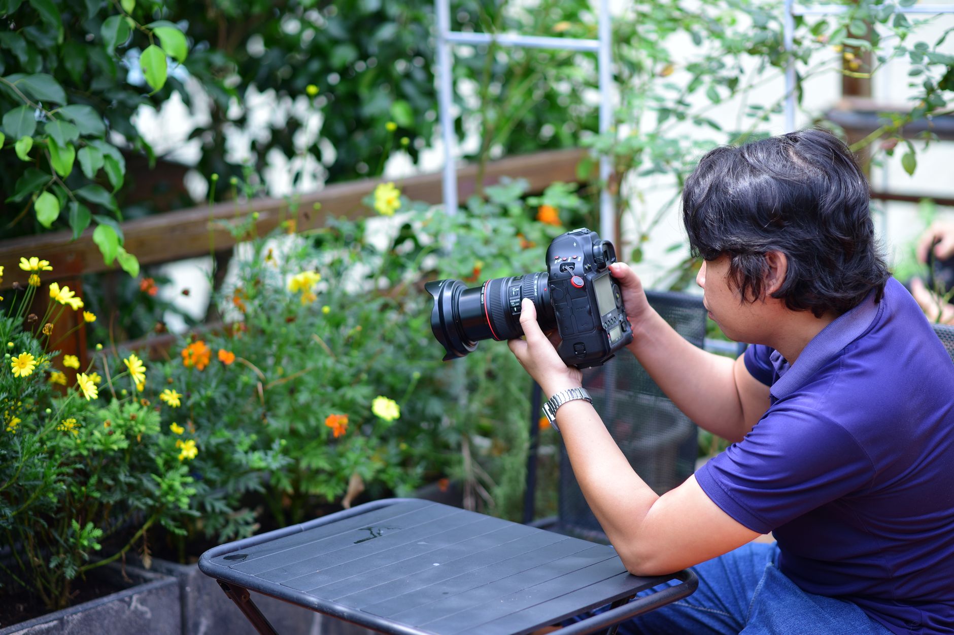 A photographer captures garden flowers with a professional DSLR camera outdoors.
