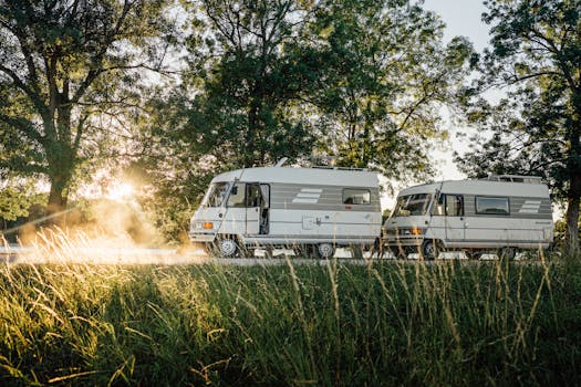 Two vintage camper vans parked in a scenic field during sunrise in Ormes, France, surrounded by nature.