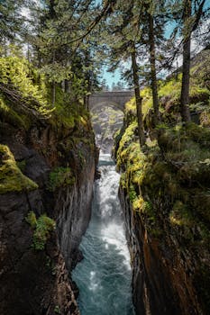 A stunning waterfall cascades through a forest canyon with a stone bridge above, captured in vibrant summer light.