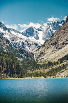 Stunning view of snowy mountains above a serene lake on a bright day.