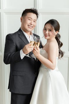Newlywed couple toasting with champagne after wedding ceremony.