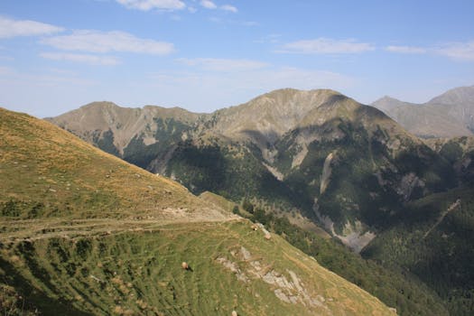 A breathtaking view of rugged mountains under a clear blue sky, perfect for outdoor enthusiasts.