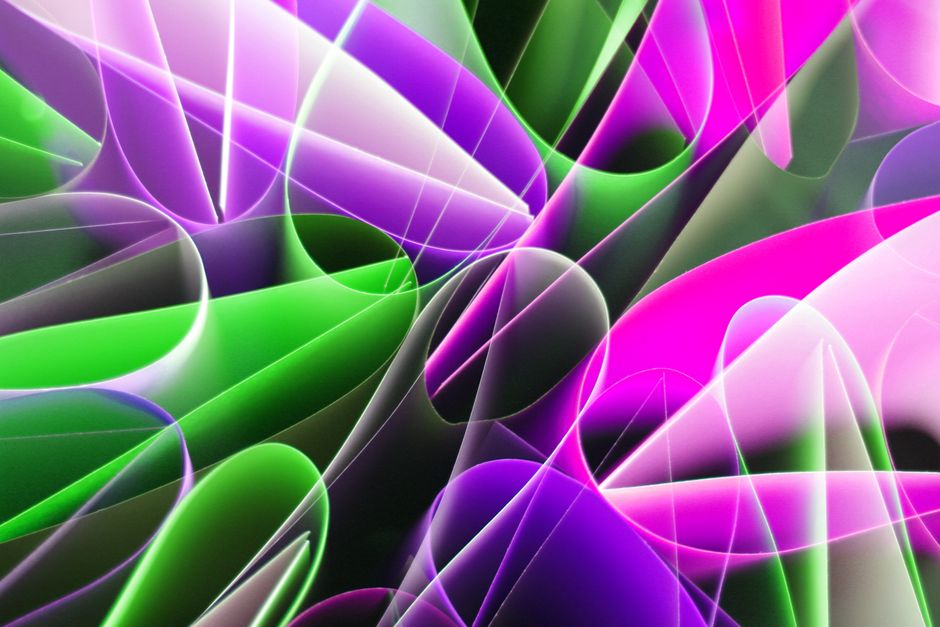 Dynamic abstract composition featuring neon pink and green flows and curves.