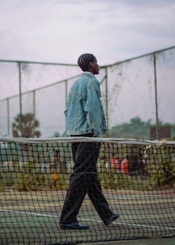 Man in denim jacket walking across a tennis court, reflecting a laid-back lifestyle outdoors.