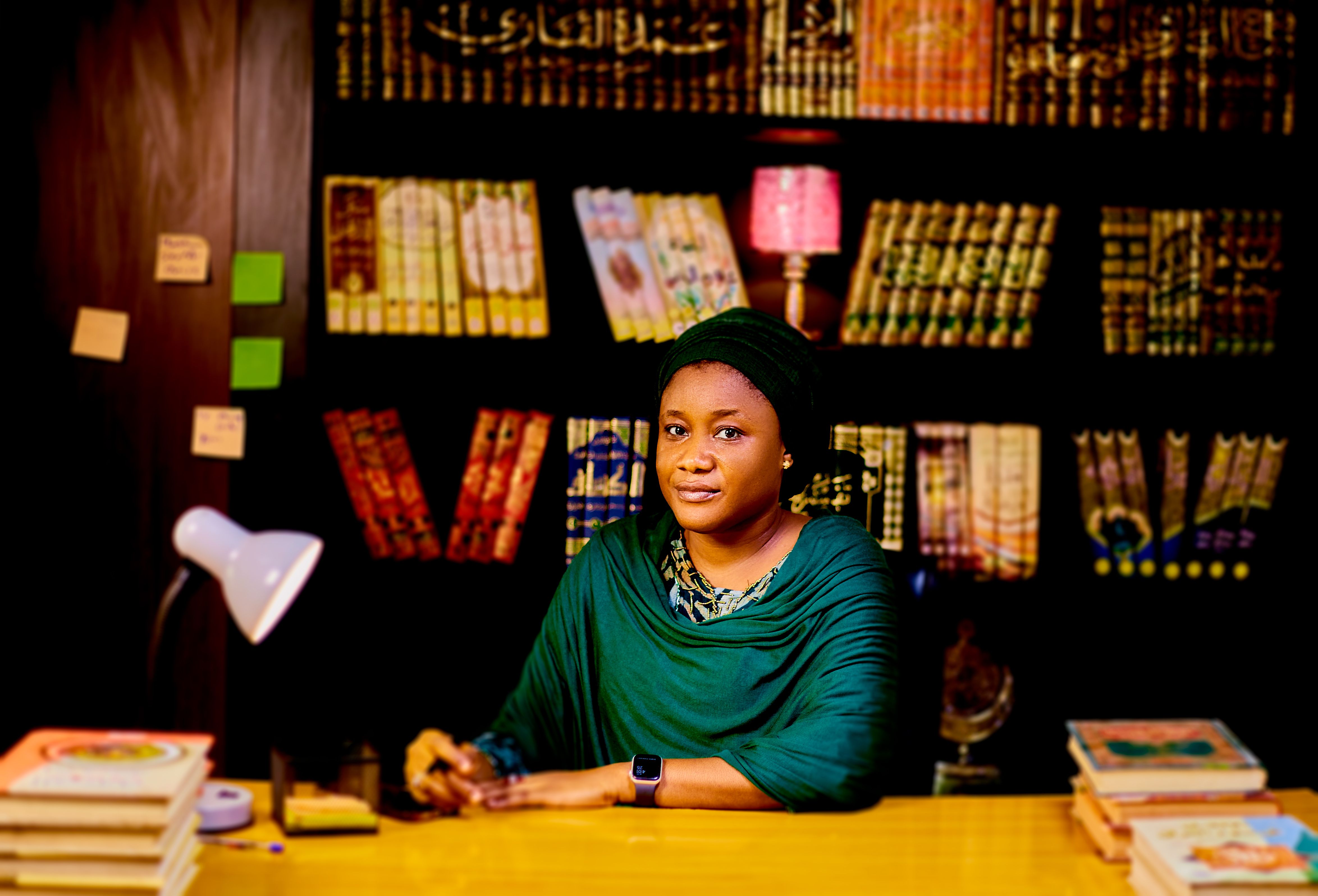 Confident Woman in Library, Bookshelf Background