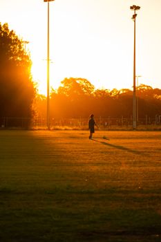 A lone soccer player practices on a field during a golden sunset.