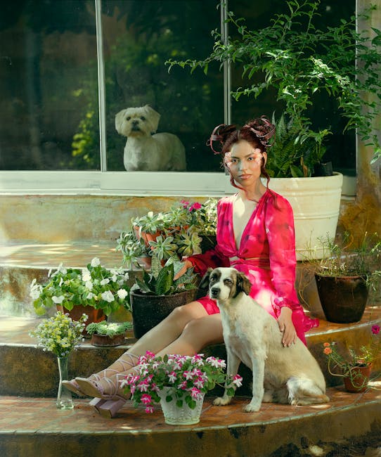 A woman in a red dress poses with dogs and potted plants in a lush garden setting.