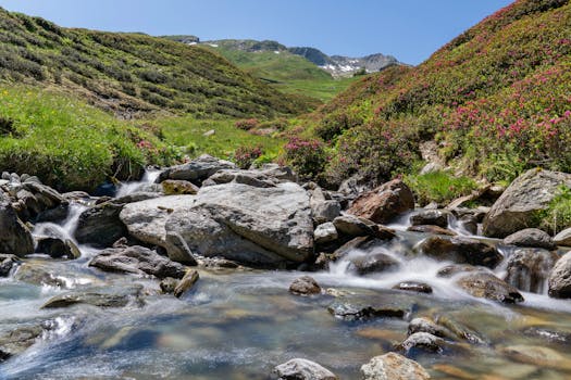 A serene mountain stream flows through lush green hills in a tranquil summer landscape.