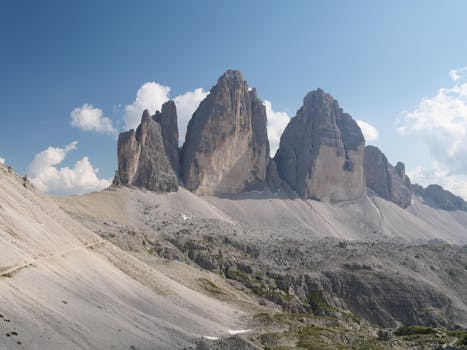 Breathtaking landscape of Tre Cime di Lavaredo, iconic Dolomites peaks in Italy's South Tyrol.