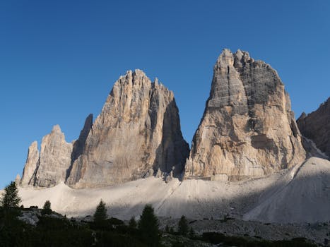 Stunning view of Tre Cime di Lavaredo, Dolomites, Italy, under a clear blue sky.