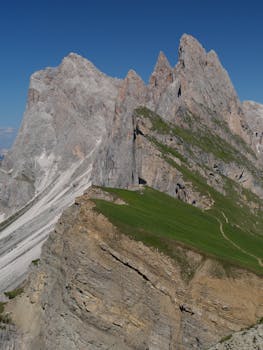 Impressive view of the jagged Dolomites peaks under a clear blue sky, showcasing rugged rock formations and lush green slopes.