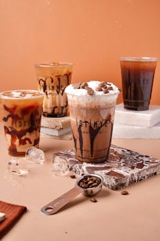 A variety of iced coffee drinks with toppings, arranged on a stylish marble table.