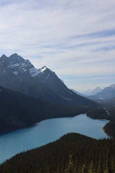 Scenic landscape of Peyto Lake surrounded by snow-capped mountains in Banff National Park, Canada.