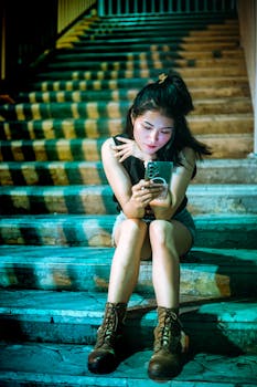 A young woman sitting on outdoor stairs, focused on her smartphone, in vibrant lighting.