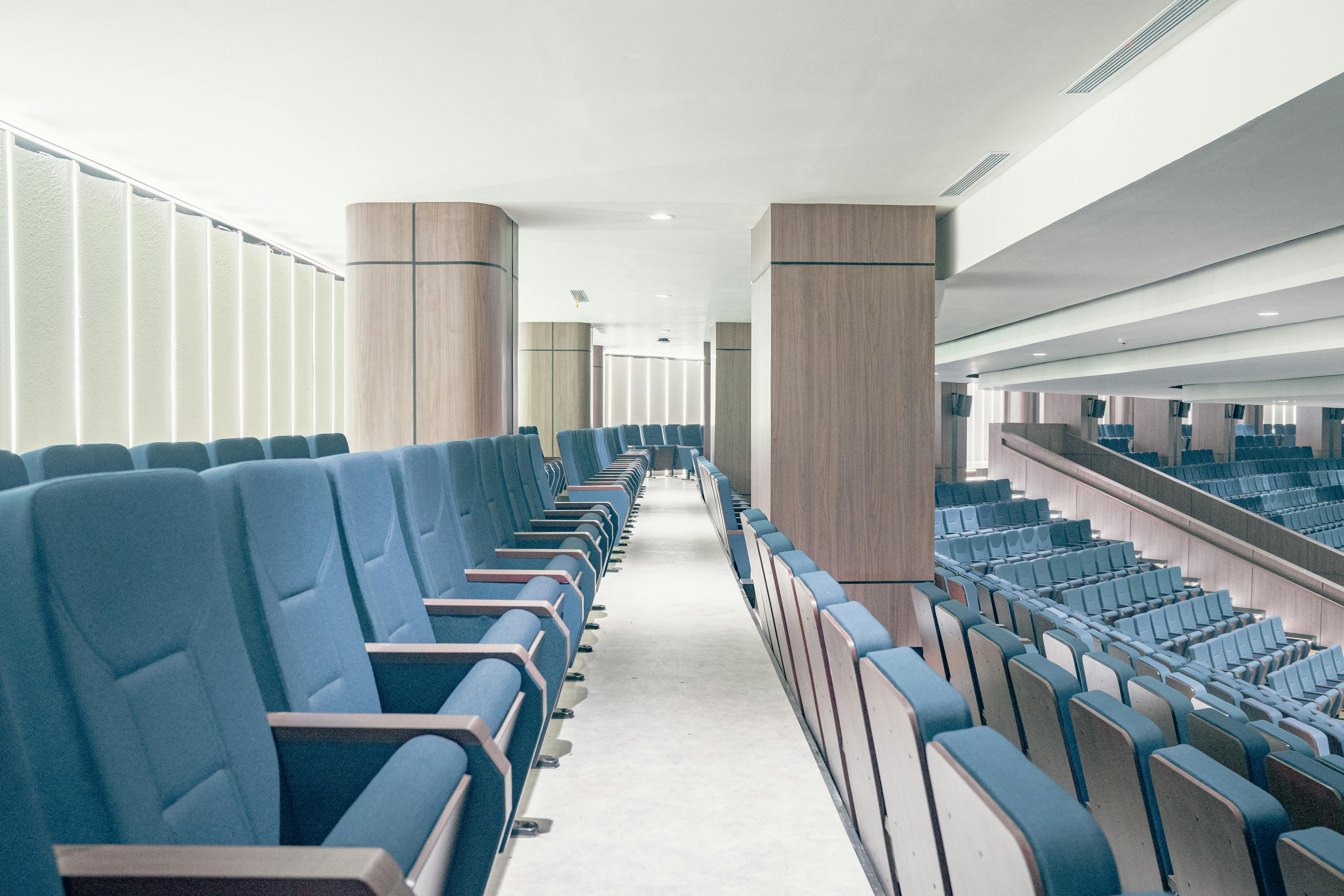 Kostnadsfria En modern teaterinredning med rader av plyschblå säten och trädetaljer, vilket skapar en elegant atmosfär. Stock foto