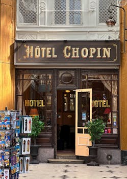 Charming vintage entrance to Hôtel Chopin in the heart of Paris' Passage Jouffroy.