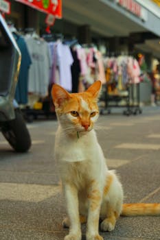 Charming ginger cat sitting on a busy street with shops in the background.