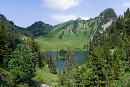 Beautiful landscape of Swiss mountains surrounding a serene lake.