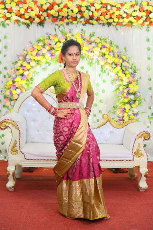 Free Elegant woman in colorful traditional Indian sari poses confidently, floral backdrop. Stock Photo