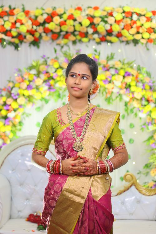 Free Elegant portrait of a woman in traditional attire at a festive celebration. Stock Photo