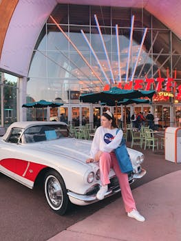 A woman in casual attire poses by a classic red and white vintage car outside a retro diner.