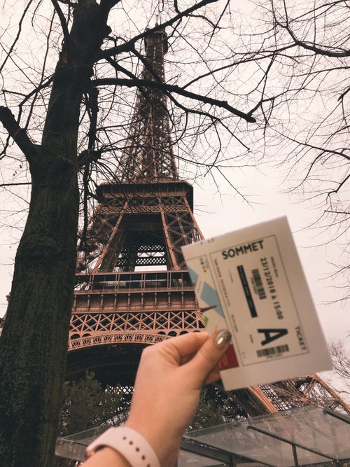 Free From below of crop anonymous female demonstrating ticket in front of the Eiffel tower and dry tree under cloudy sky Stock Photo