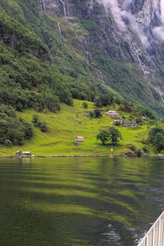 Stunning view of a Norwegian fjord with verdant hillside and tranquil waters reflecting the lush green landscape.