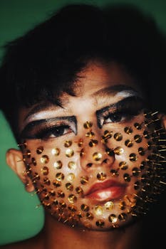 Close-up portrait of a person with artistic eye makeup and decorative facial elements.