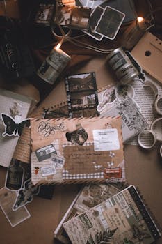 A nostalgic flat lay of vintage stationery, envelopes, and postcards surrounded by soft lighting and decor.